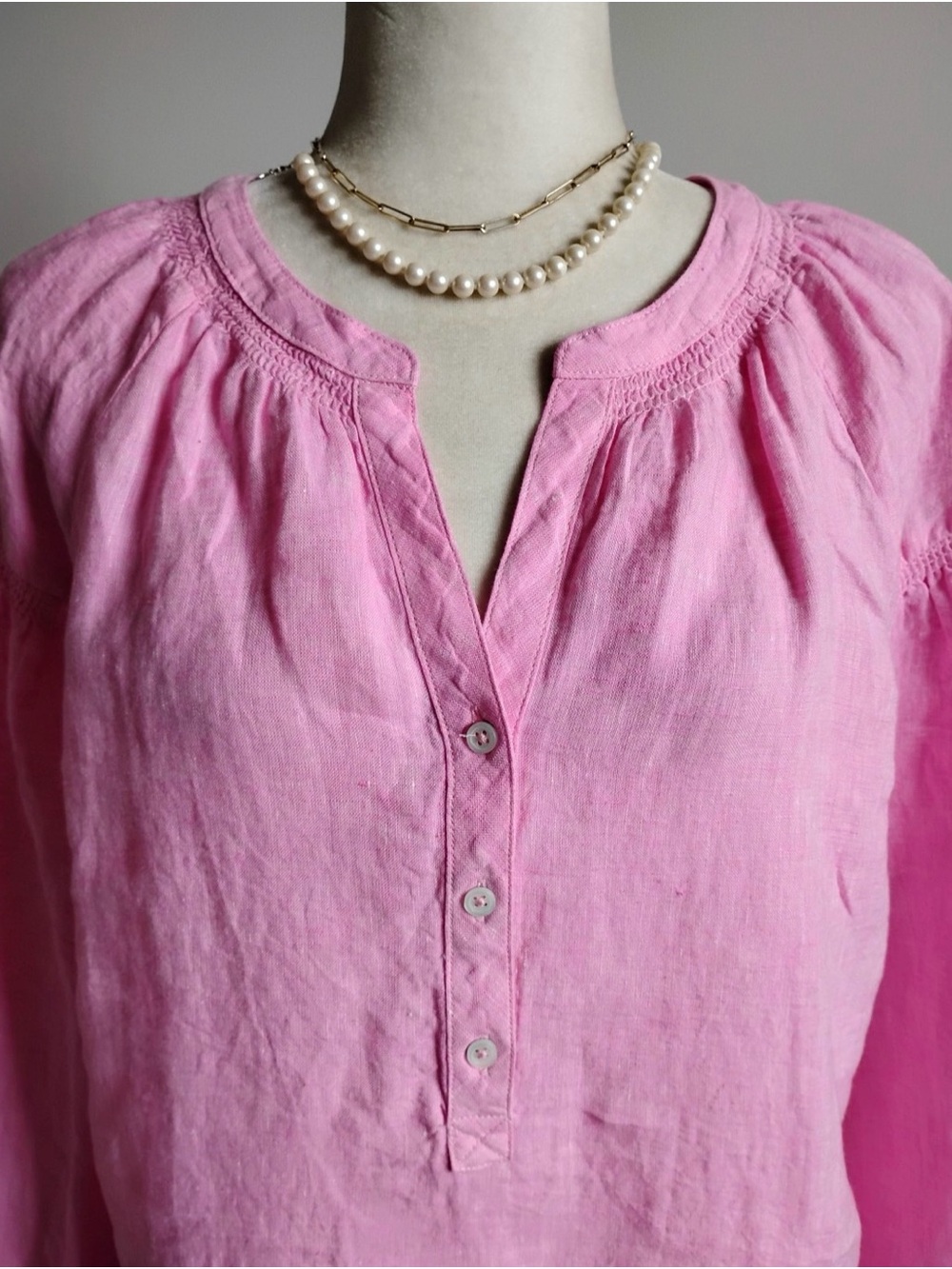 Talbots Bright Pink Linen Henley Peasant Blouse - Like New - Picture 2 of 13